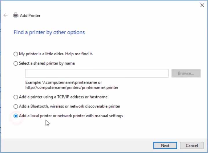 add a local printer or network printer with manual settings