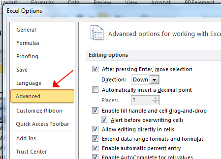 Excel Options Advanced