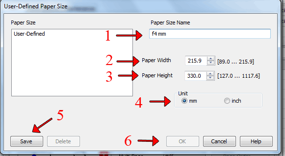user defined paper size F4 in mm