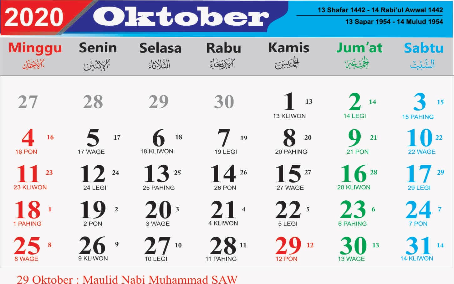 kalender oktober 2020