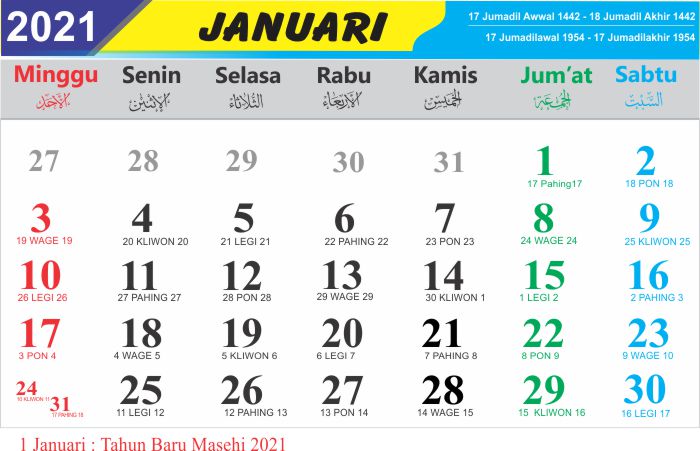 Kalender Bulan Januari 2021 Lengkap Hari Libur Nasional