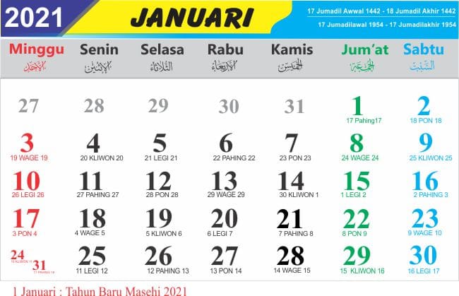 Kalender Bulan Januari 2021 Lengkap Hari Libur Nasional