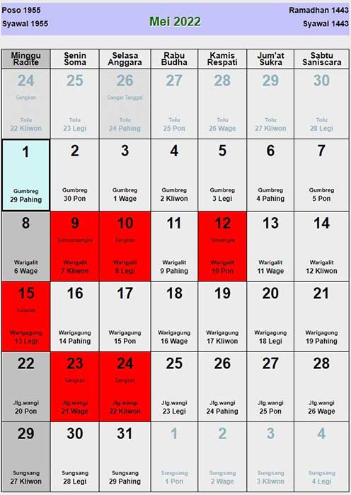Kalender jawa bulan mei tahun 2022