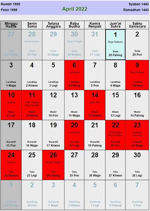 Kalender jawa bulan april tahun 2022