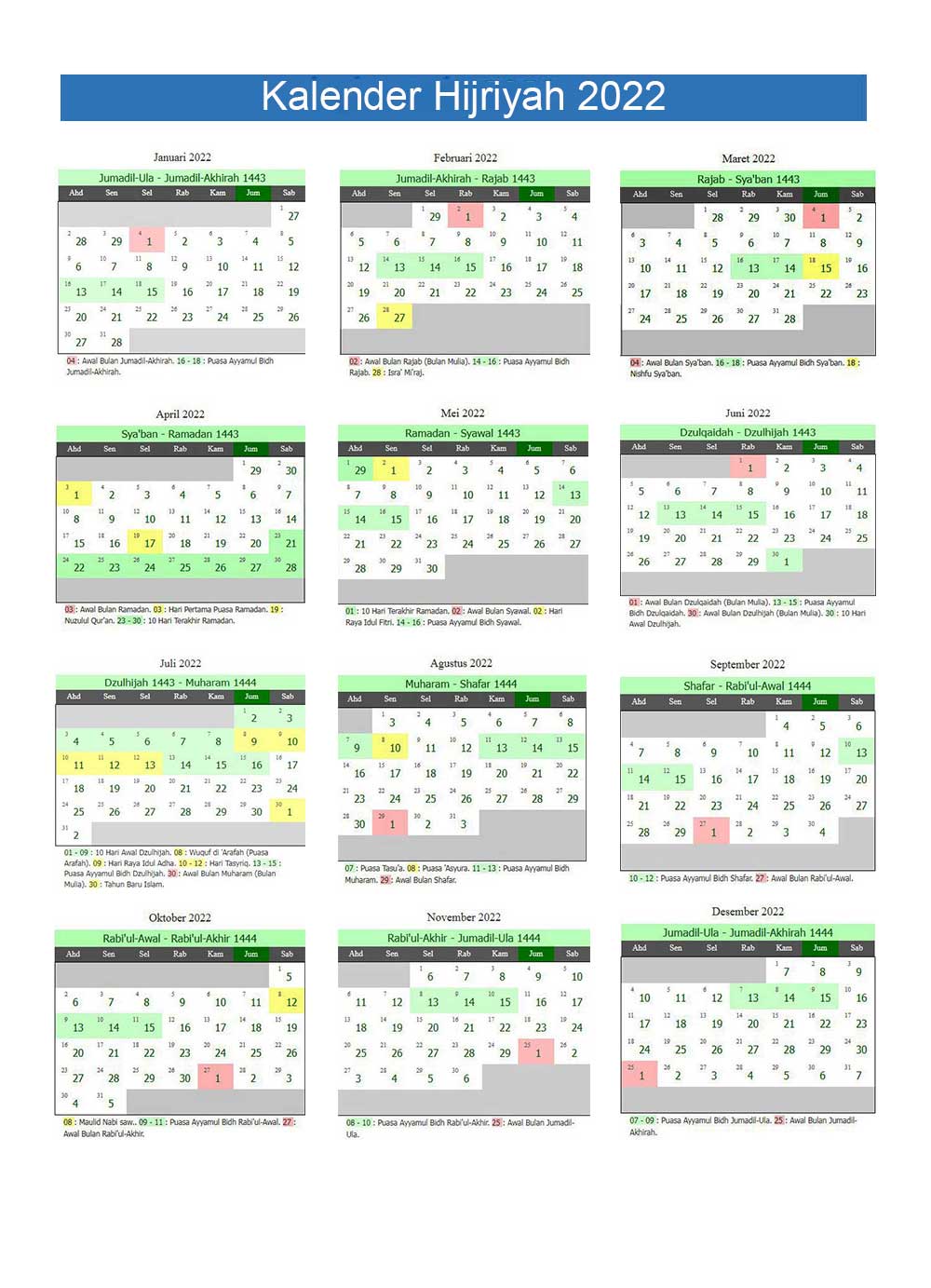 kalender hijriyah 2022 lengkap 12 bulan