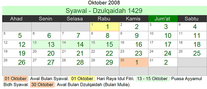 kalender hijriyah oktober 2008