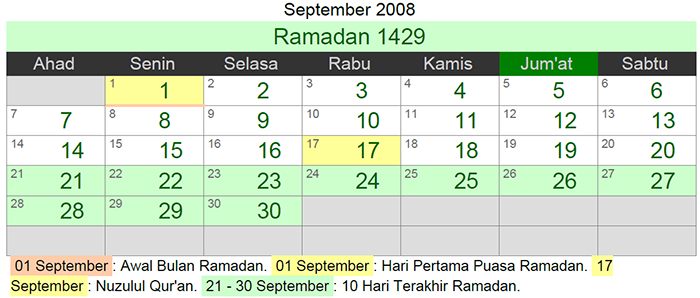 kalender hijriyah september 2008