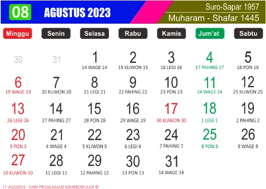 Kalender agustus 2023 lengkap
