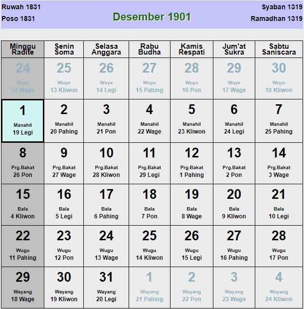 Kalender-jawa-desember-1901