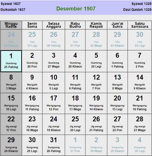 Kalender-jawa-desember-1907