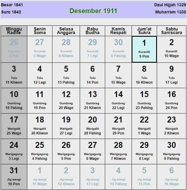 Kalender-jawa-desember-1911