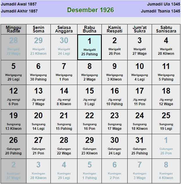 Kalender-jawa-desember-1926