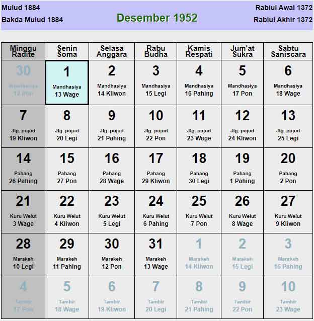 Kalender-jawa-desember-1952