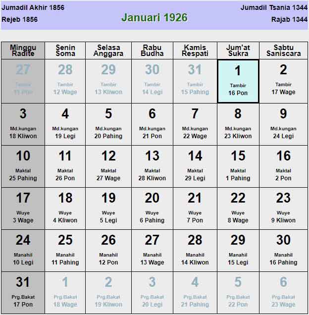 Kalender-jawa-januari-1926