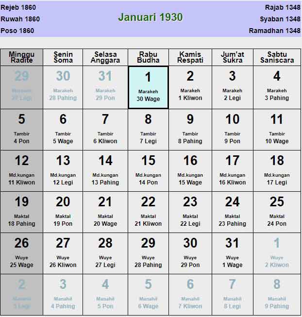 Kalender-jawa-januari-1930