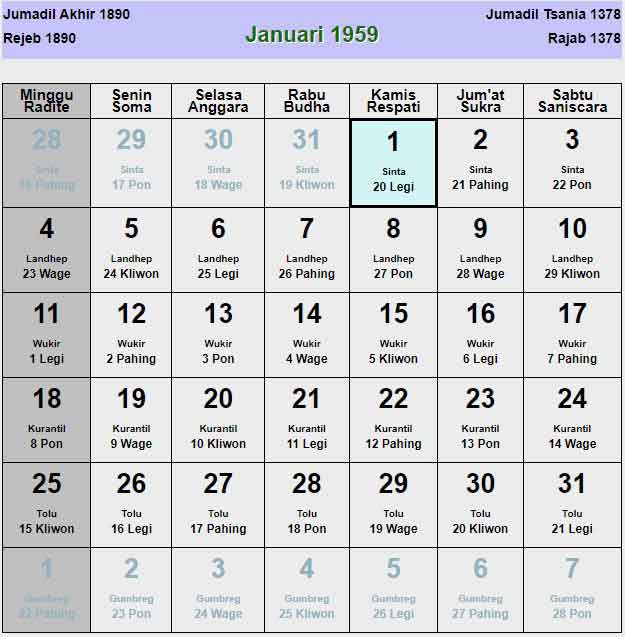 Kalender Jawa Tahun 1959