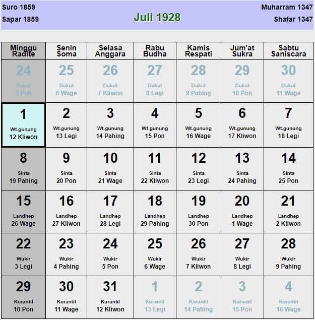 Kalender-jawa-juli-1928