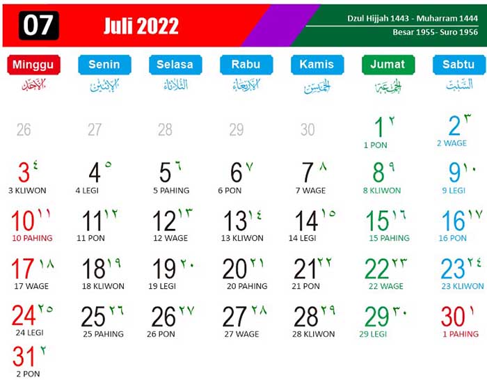Kalender jawa juli 2022