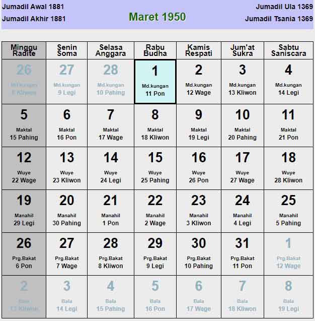 Kalender-jawa-maret-1950