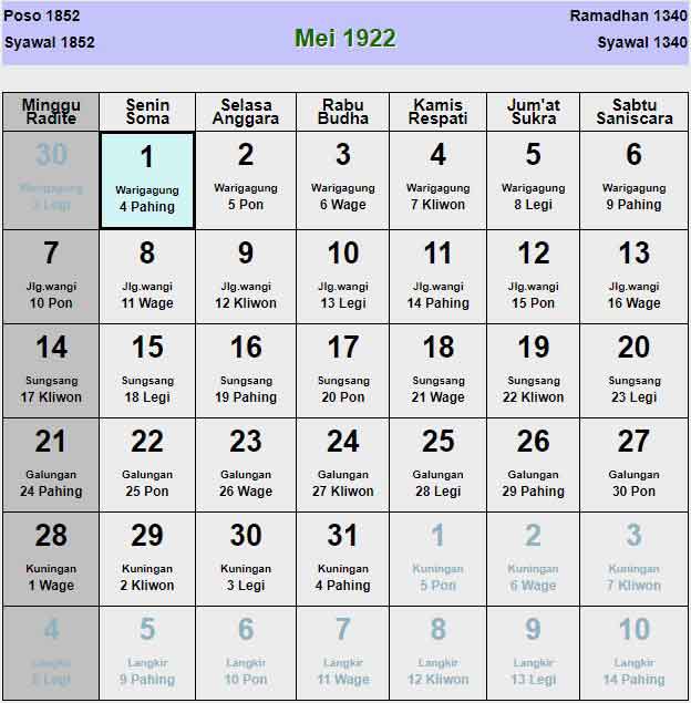 Kalender-jawa-mei-1922