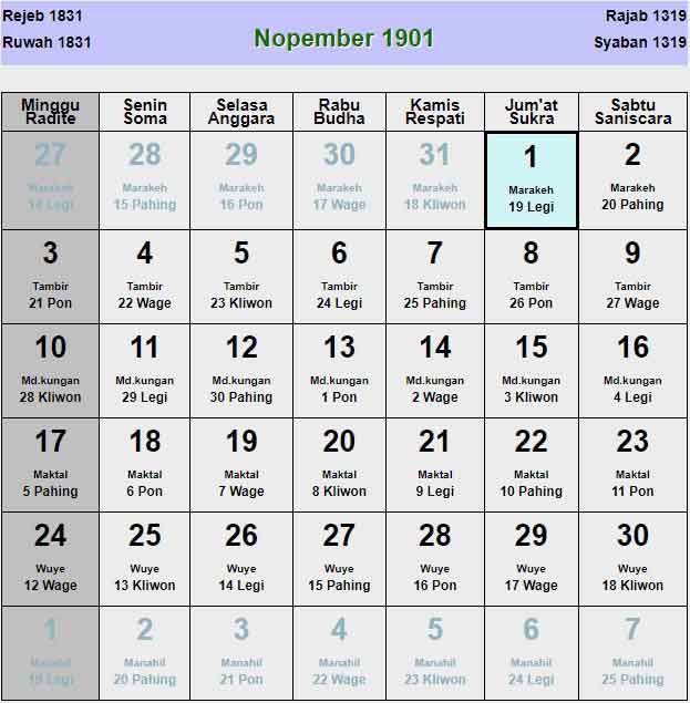 Kalender-jawa-november-1901