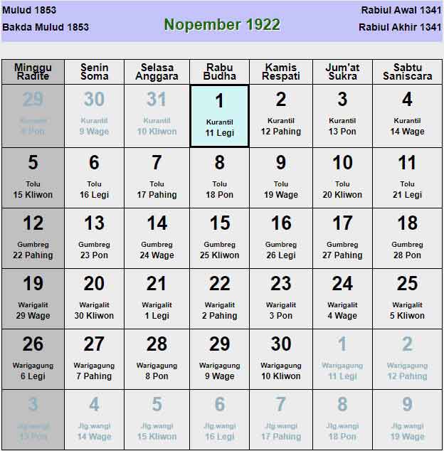 Kalender-jawa-november-1922