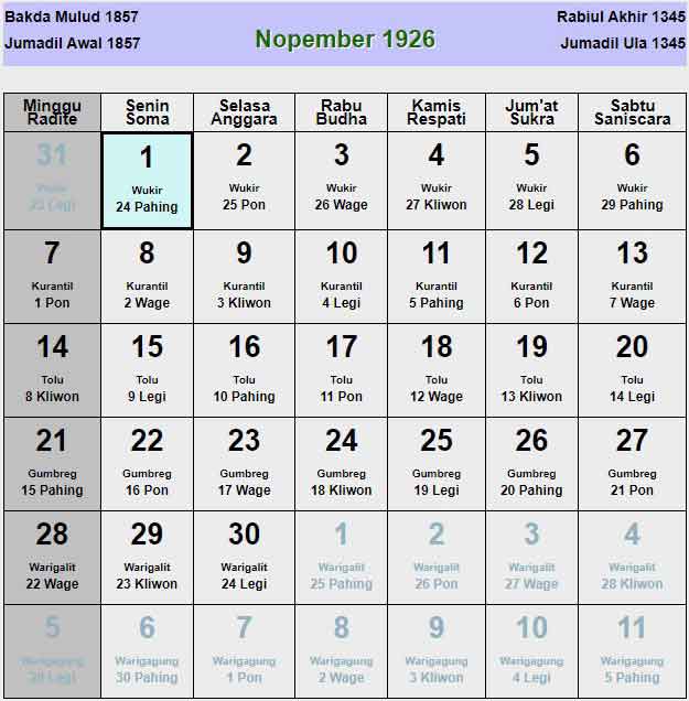Kalender-jawa-november-1926