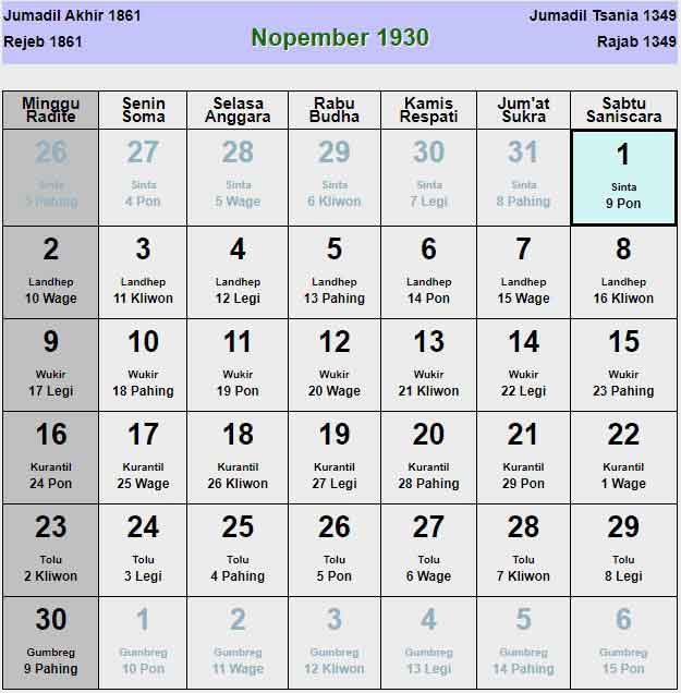 Kalender-jawa-november-1930