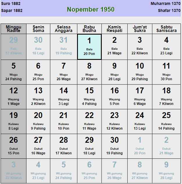 Kalender-jawa-november-1950