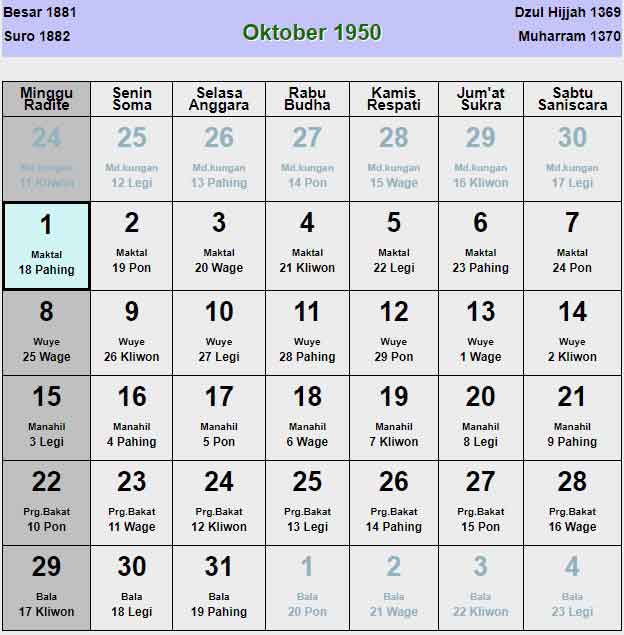 Kalender-jawa-oktober-1950