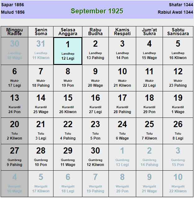 Kalender-jawa-september-1925