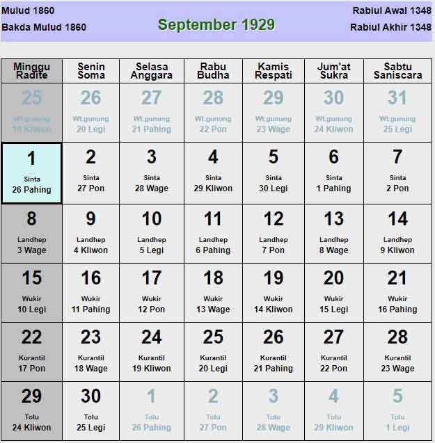 Kalender-jawa-september-1929
