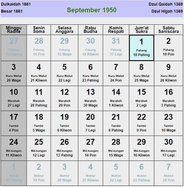 Kalender-jawa-september-1950