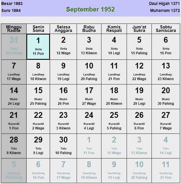 Kalender-jawa-september-1952