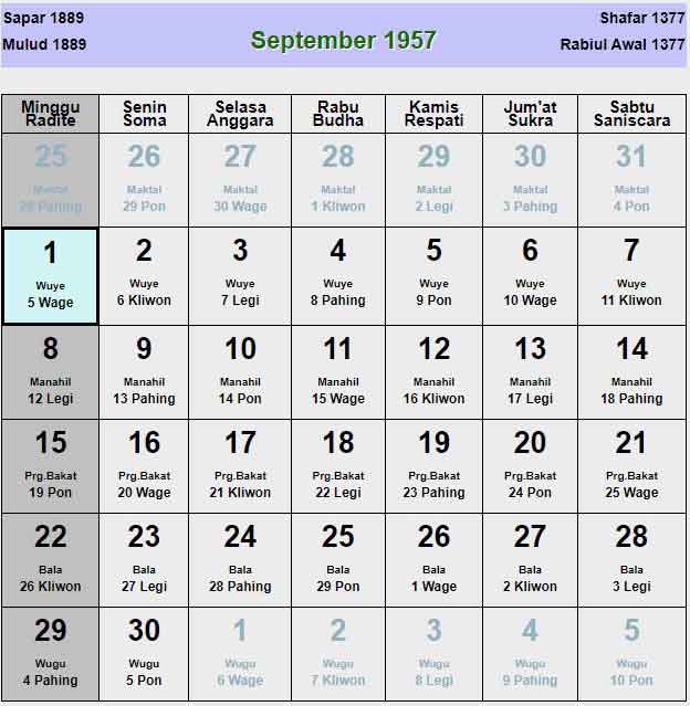 Kalender-jawa-september-1957