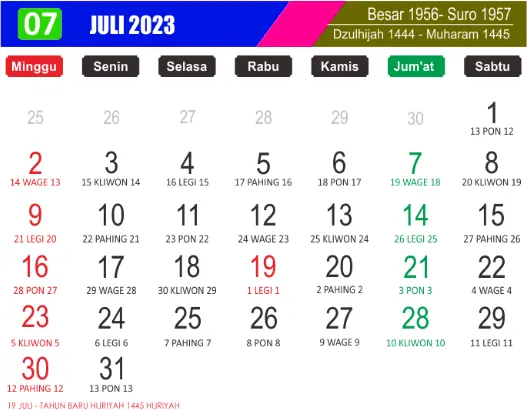 Kalender juli 2023 lengkap