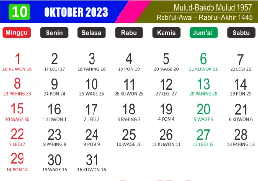 Kalender oktober 2023 lengkap