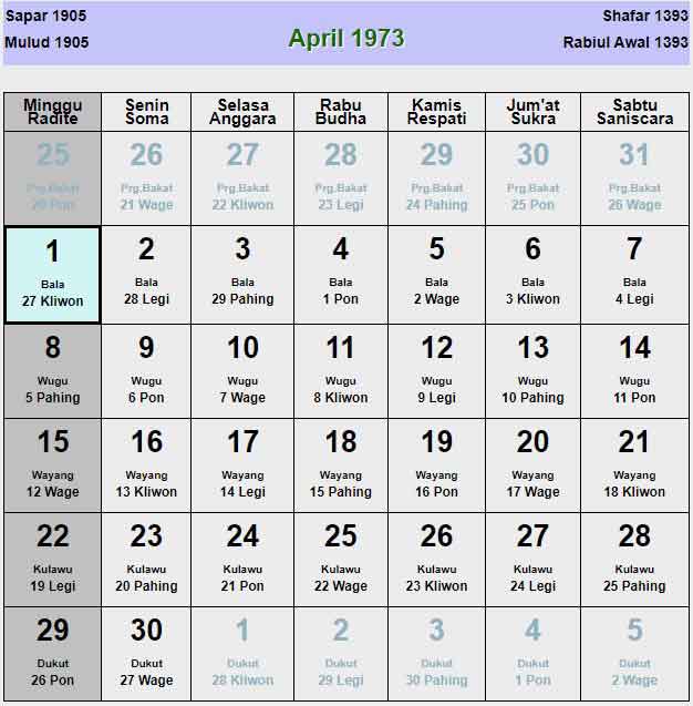 Kalender jawa april 1973