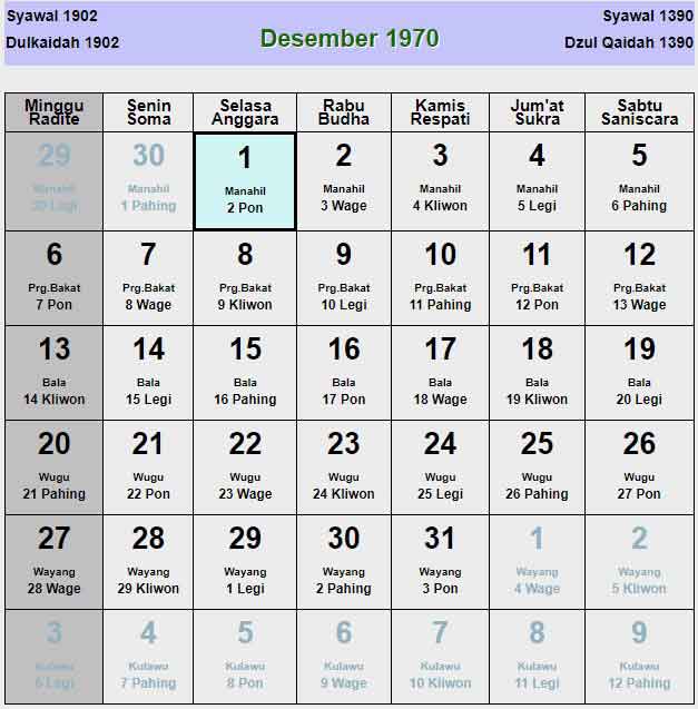 Kalender-jawa-desember-1970