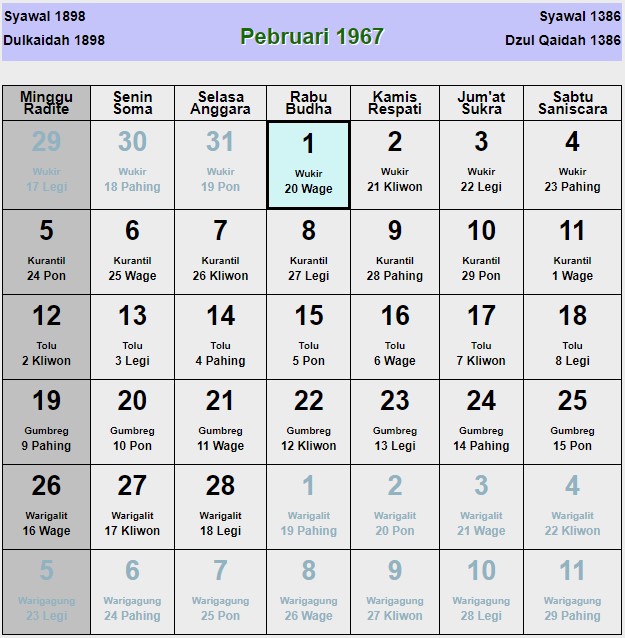 Kalender jawa februari 1967