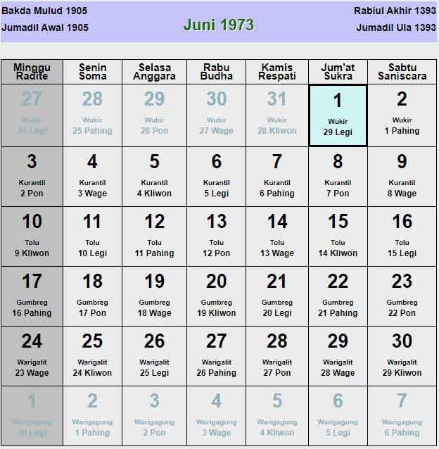 Kalender jawa juni 1973