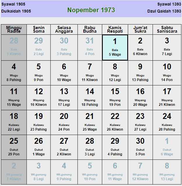 Kalender jawa november 1973